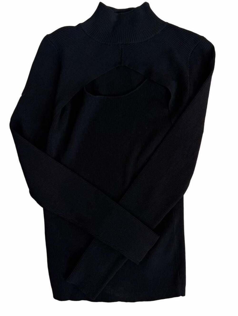 Elie Tahari Black Ribbed Knit Mock Neck Long Sleeve Cutout Sweater Size M